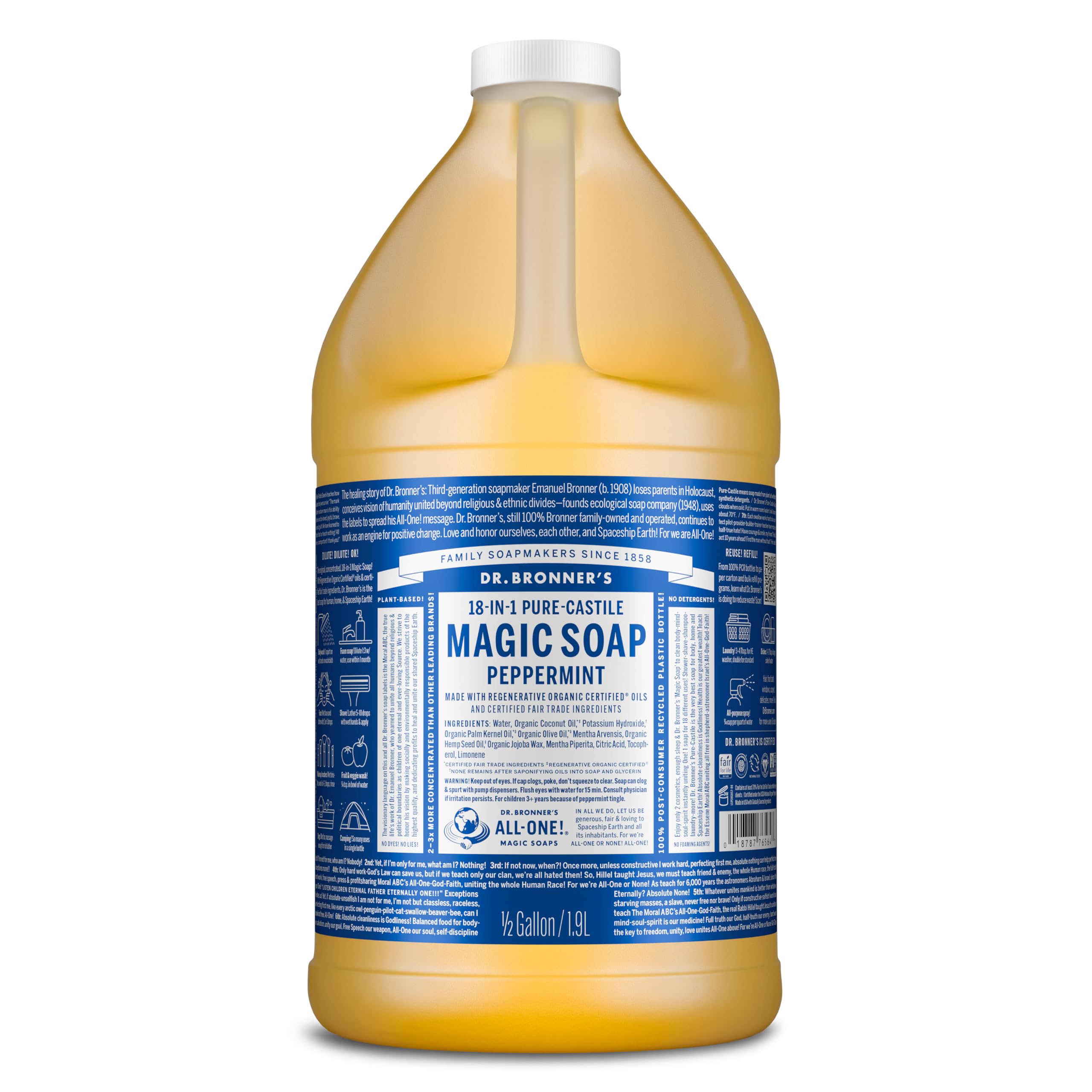 Dr. Bronner's Pure-Castile Peppermint bottle shows versatile cleaning in one bottle.