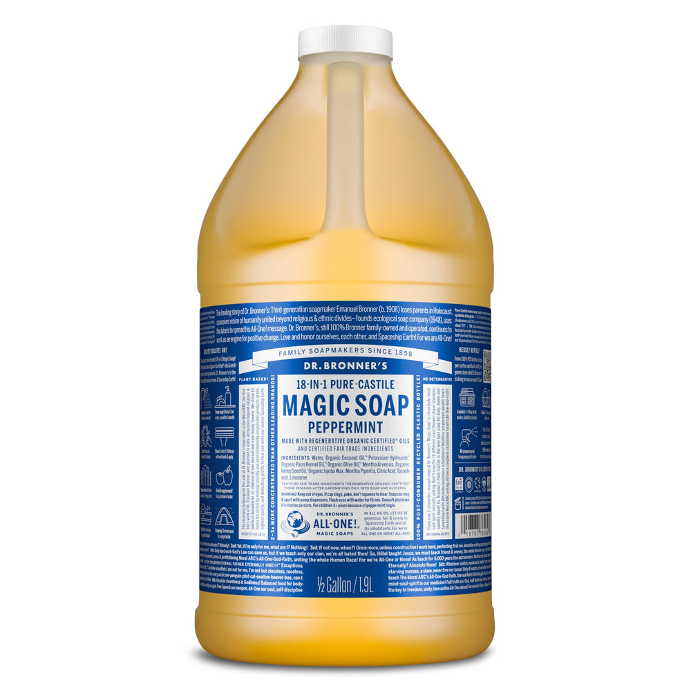 Dr. Bronner's Pure-Castile Peppermint bottle shows versatile cleaning in one bottle.
