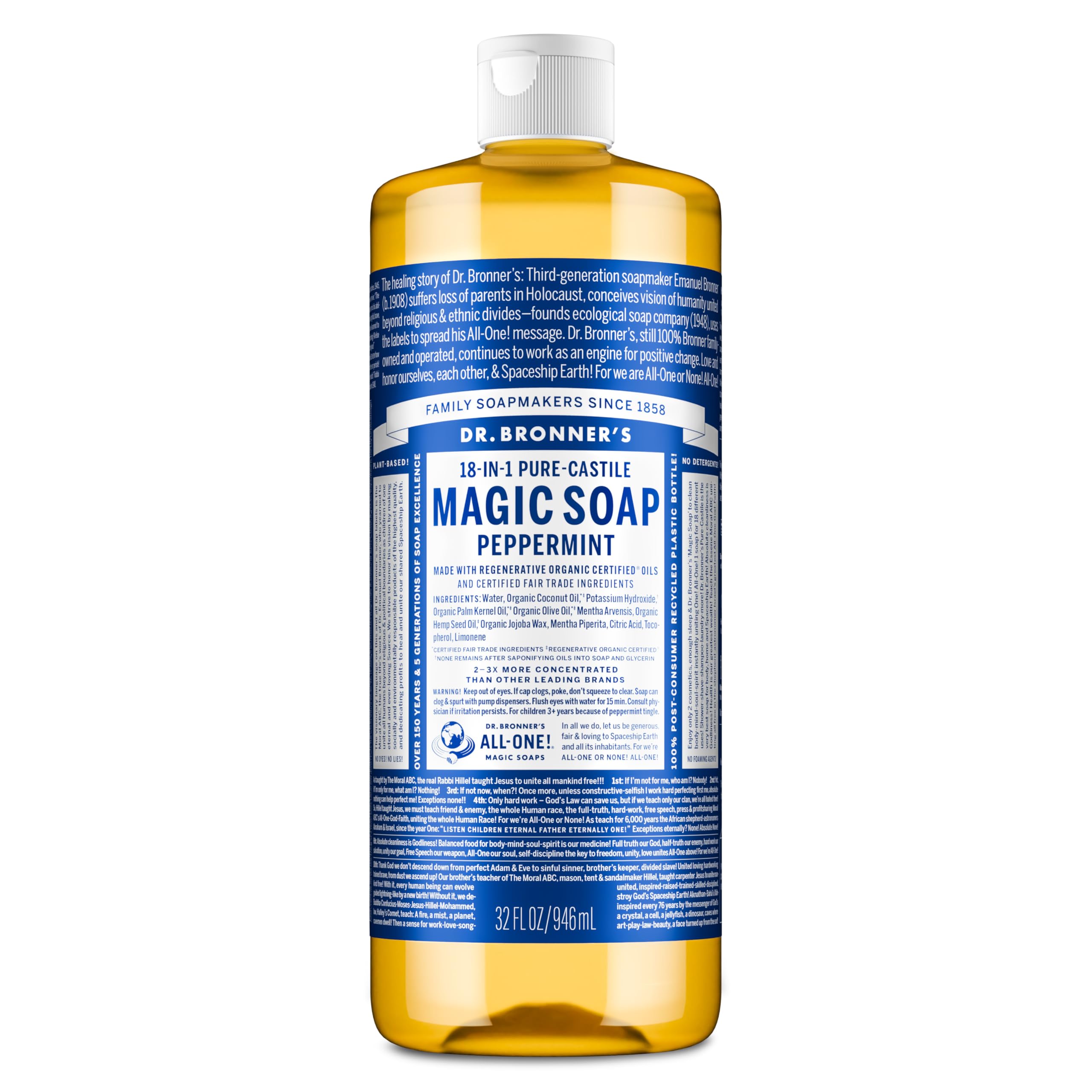Dr. Bronner's Pure-Castile Peppermint bottle shows refreshing cleansing for skin and hands.