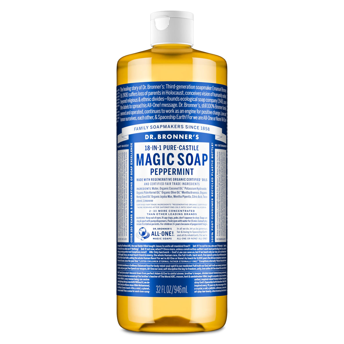 Dr. Bronner's Pure-Castile Peppermint bottle shows refreshing cleansing for skin and hands.