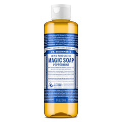 Dr. Bronner's Pure-Castile Peppermint bottle with refreshing scent for versatile cleansing.