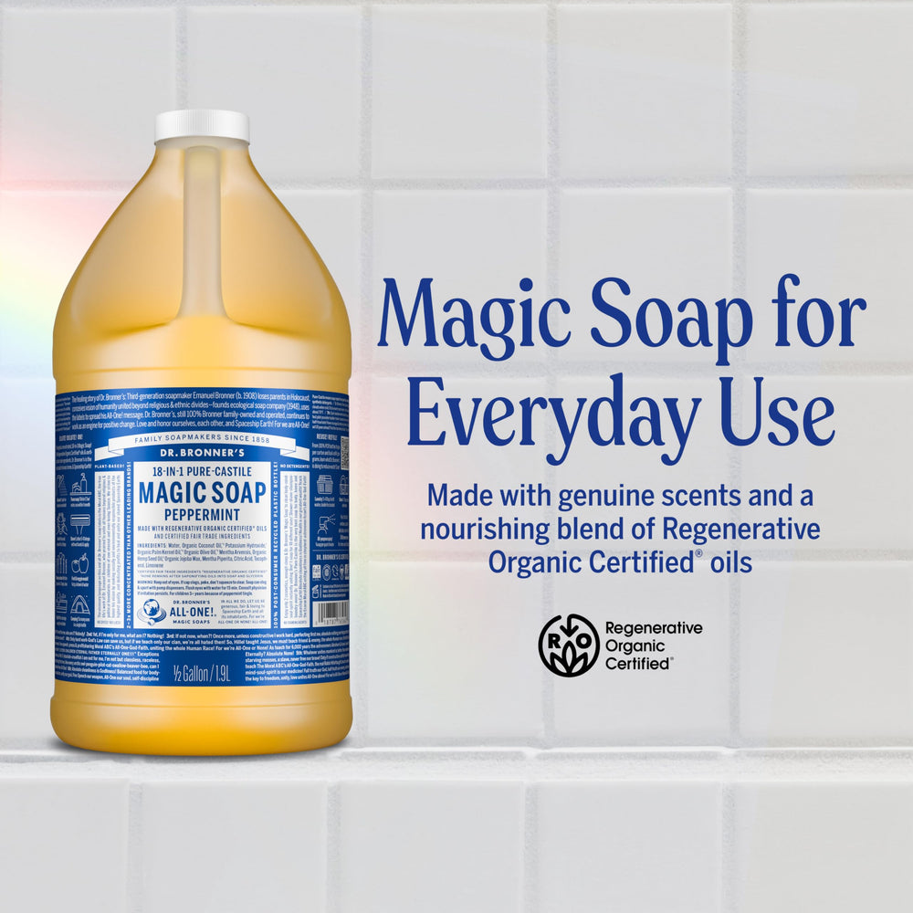 Dr. Bronner's Peppermint Pure-Castile lather highlights rich, refreshing cleansing.