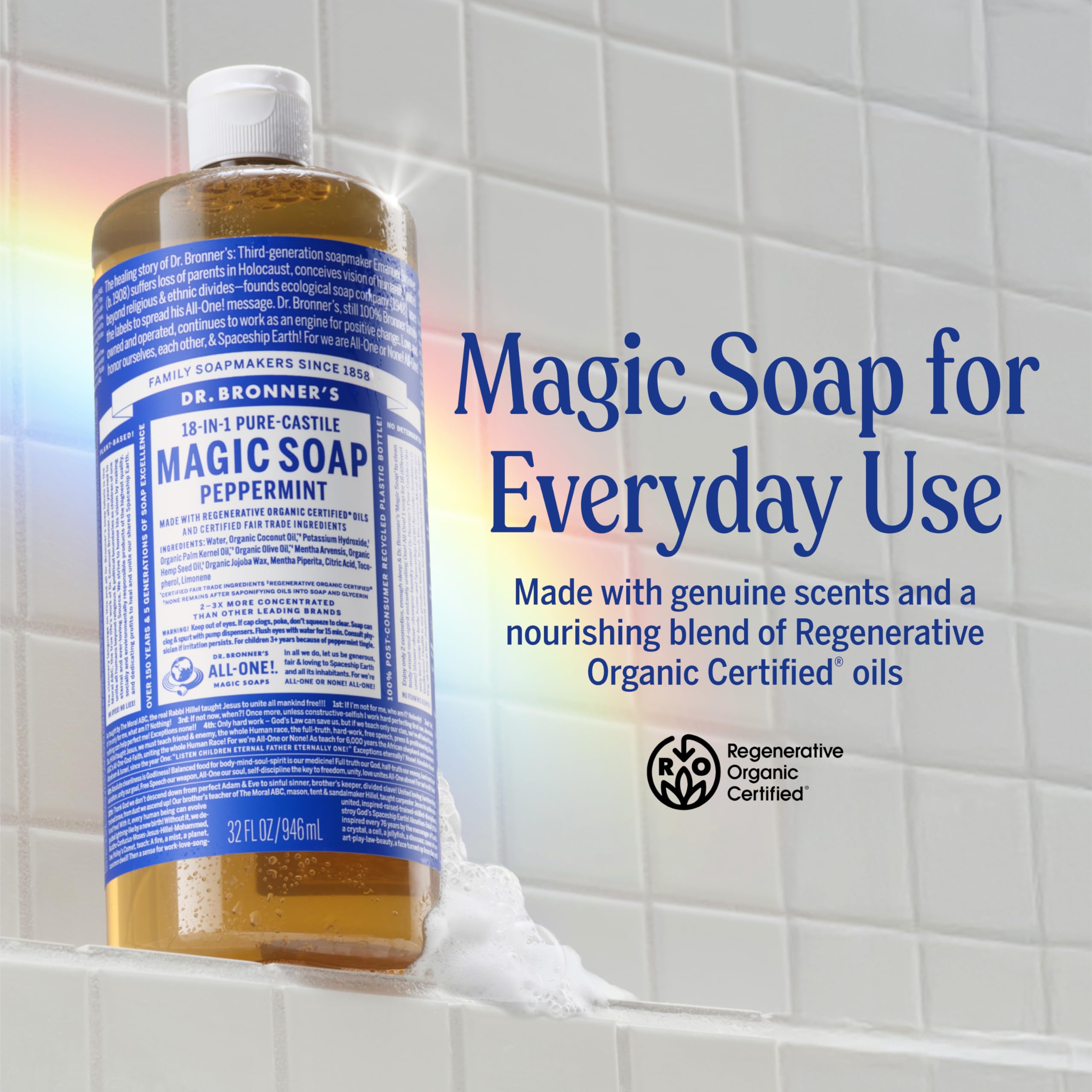 Pouring Dr. Bronner's Peppermint soap demonstrates rich lather for shower or sink.