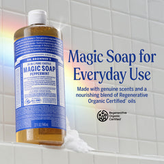 Pouring Dr. Bronner's Peppermint soap demonstrates rich lather for shower or sink.