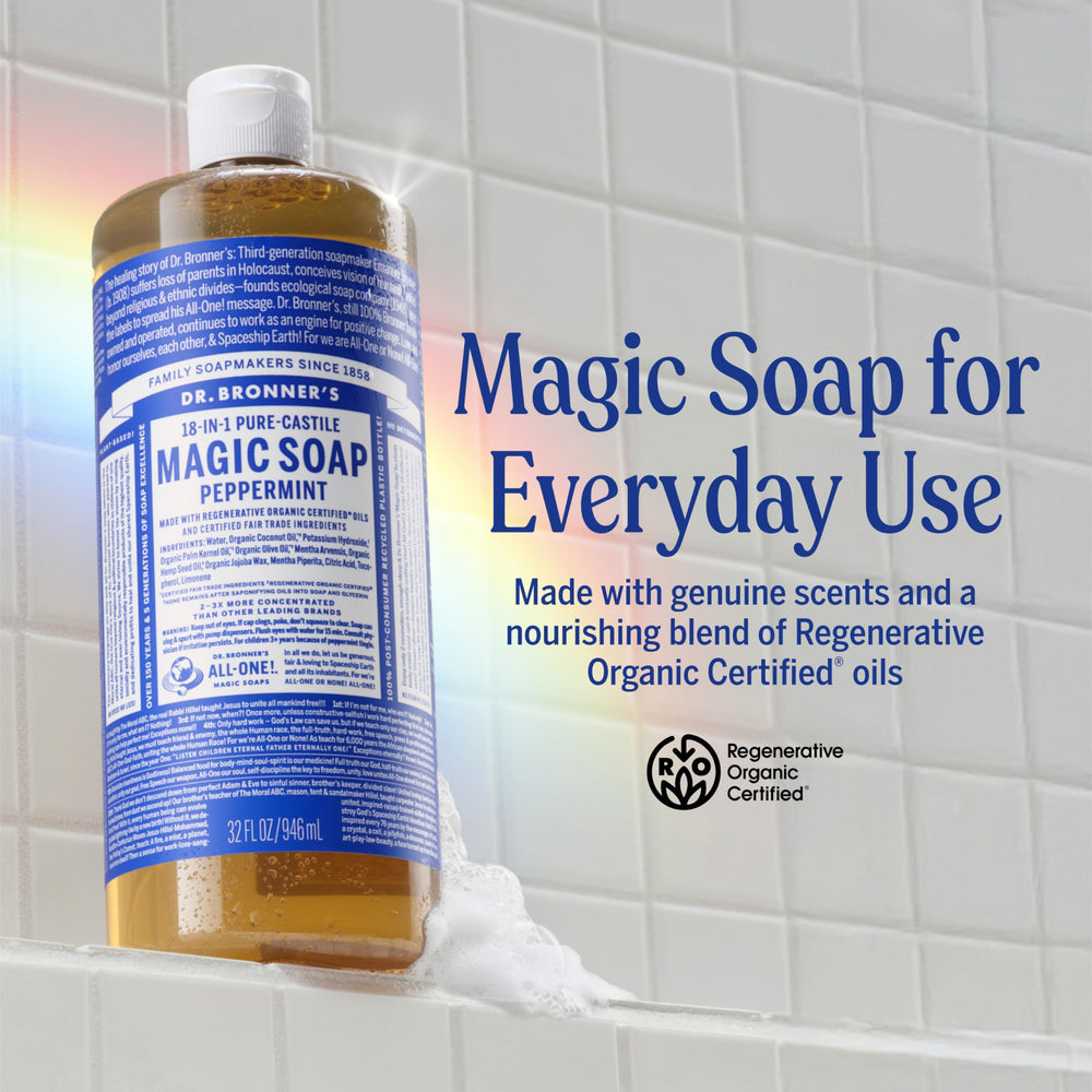 Dr. Bronner's Peppermint lather close-up highlighting rich plant-based cleansing