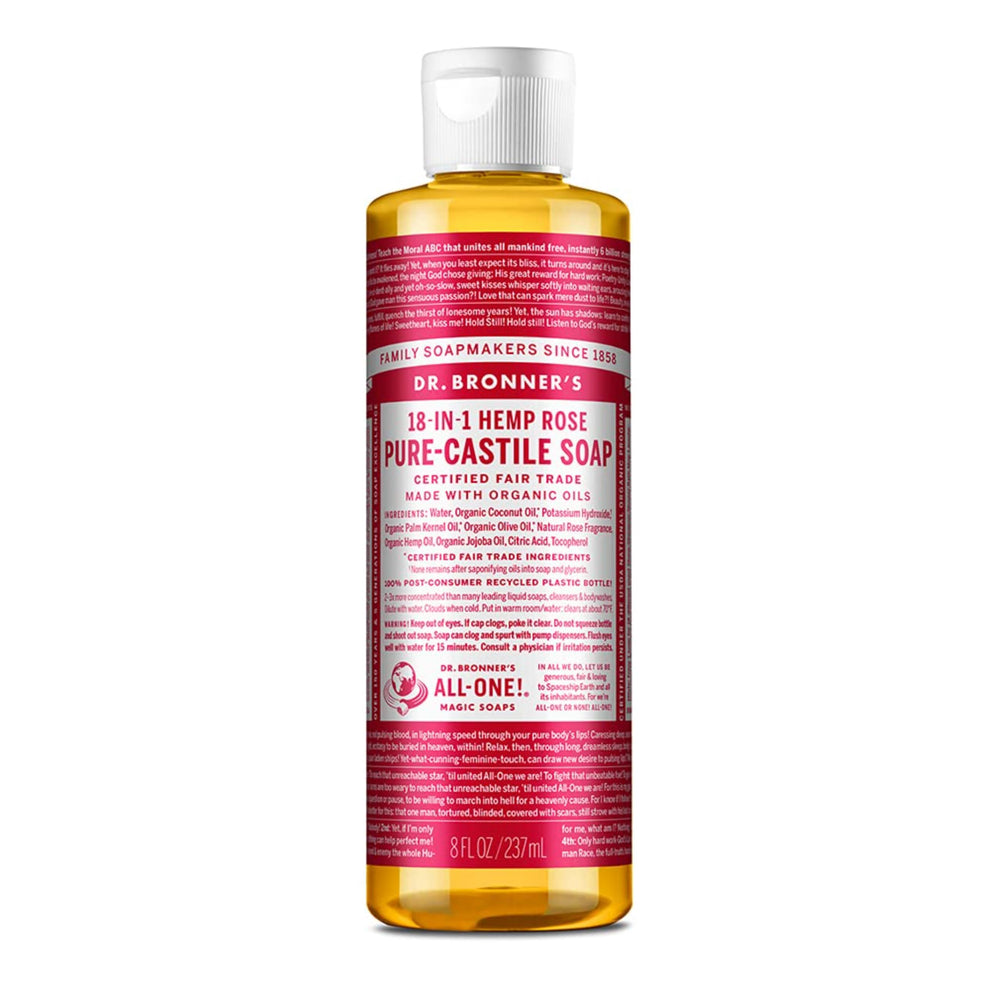 Dr. Bronner's Pure-Castile Rose 8oz bottle showing multi-use soap benefits