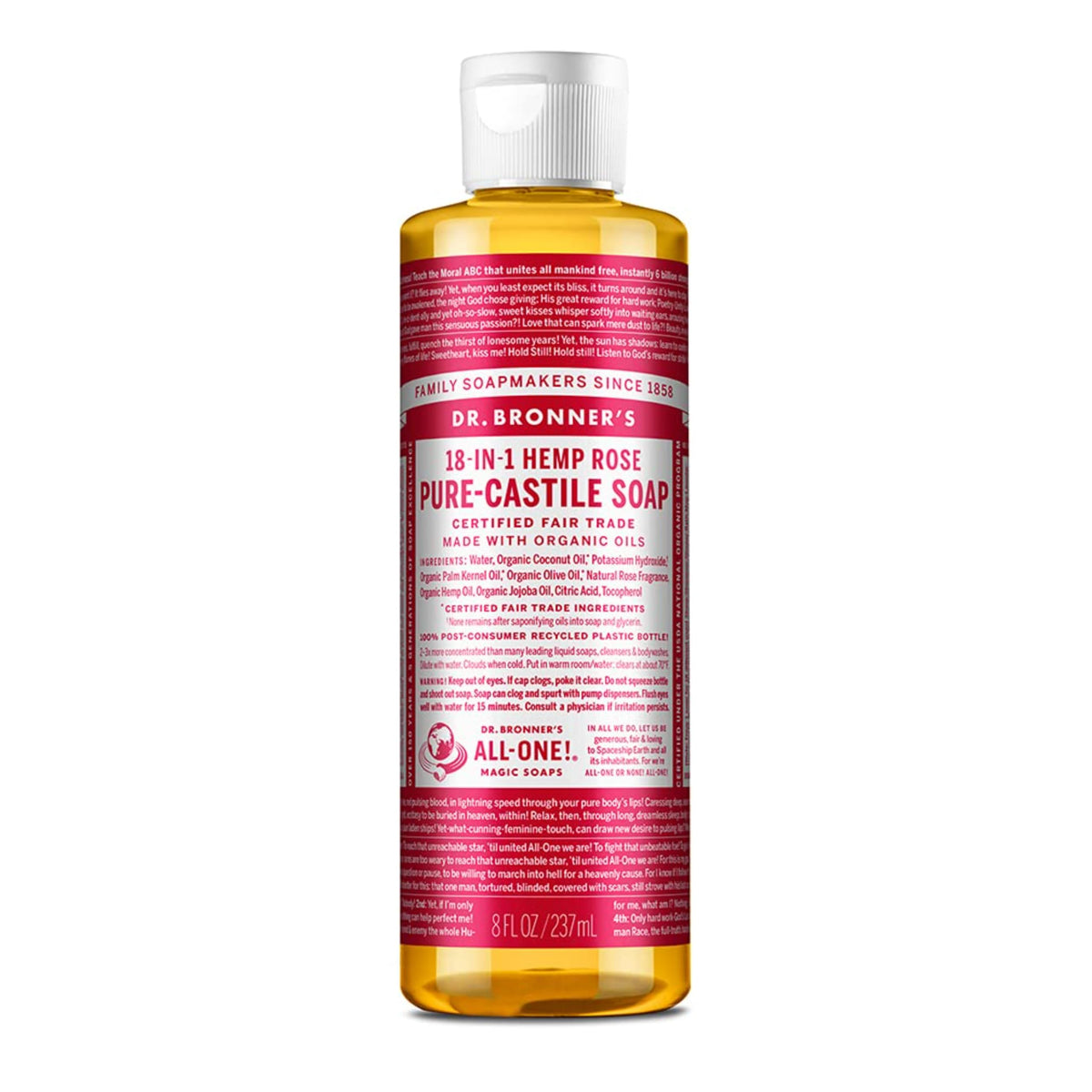 Dr. Bronner's Pure-Castile Rose 8oz bottle showing multi-use soap benefits