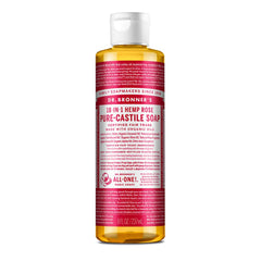 Dr. Bronner's Pure-Castile Rose 8oz bottle showing multi-use soap benefits