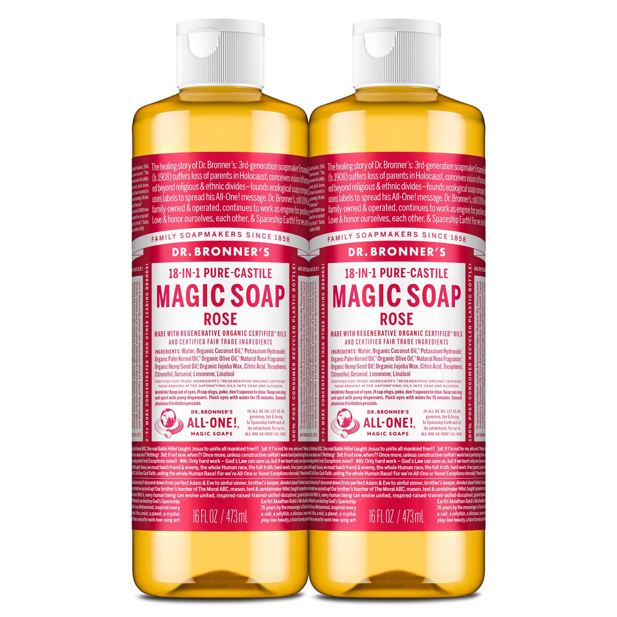 Dr. Bronner's Pure-Castile Rose bottle with regenerative oils for versatile cleaning tasks.