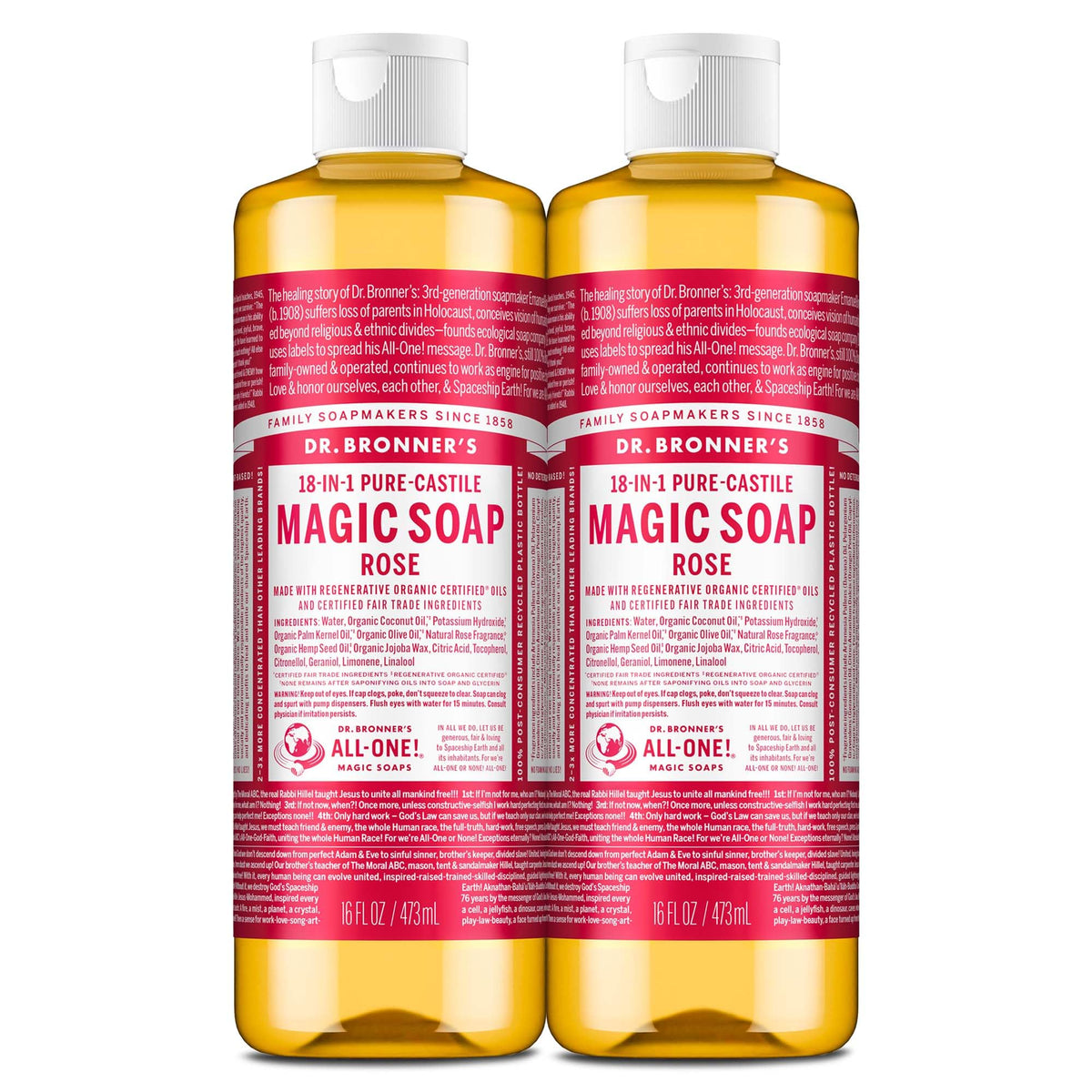 Dr. Bronner's Pure-Castile Rose bottle with regenerative oils for versatile cleaning tasks.