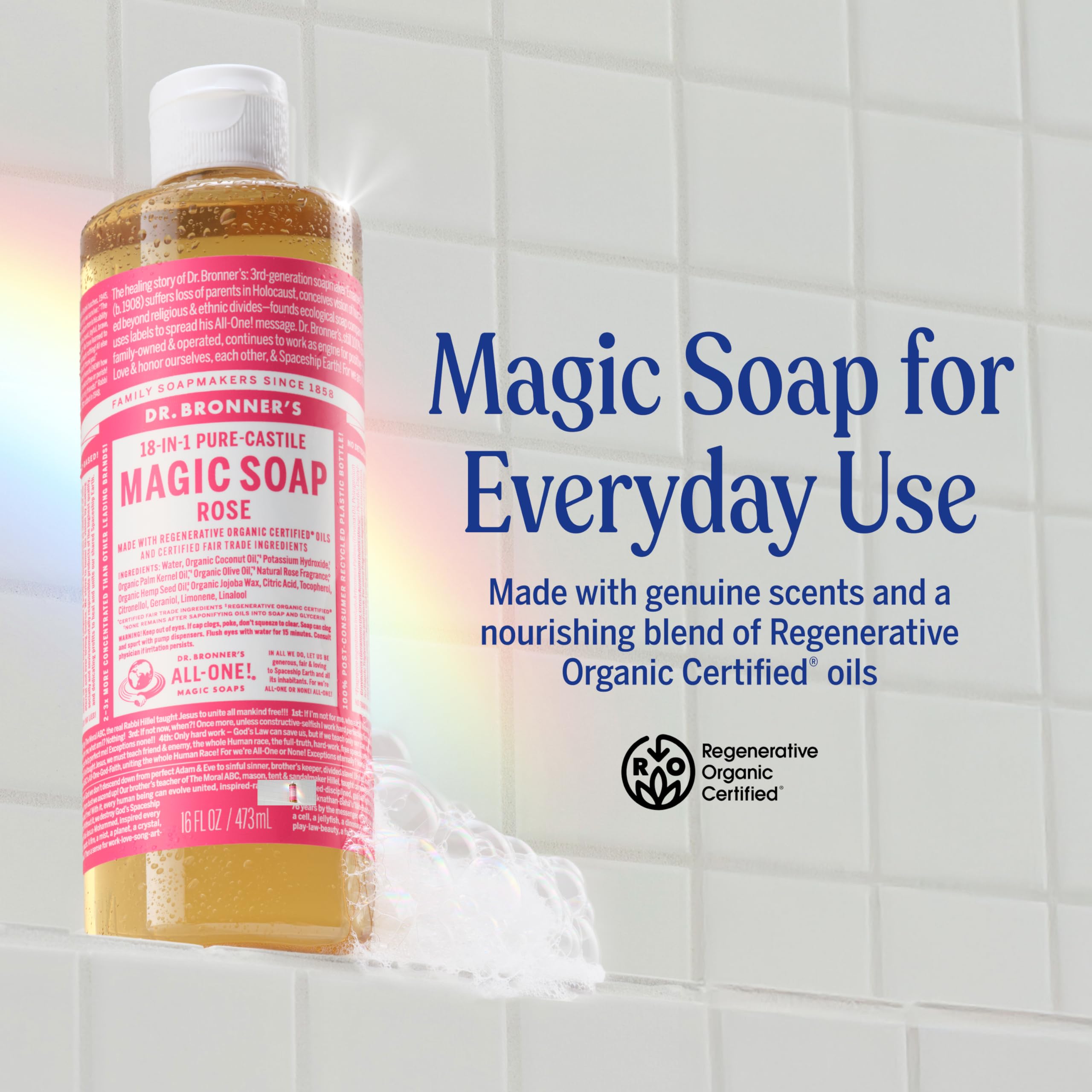 Dr. Bronner's Rose lather demonstrates rich cleansing and skin-friendly suds.