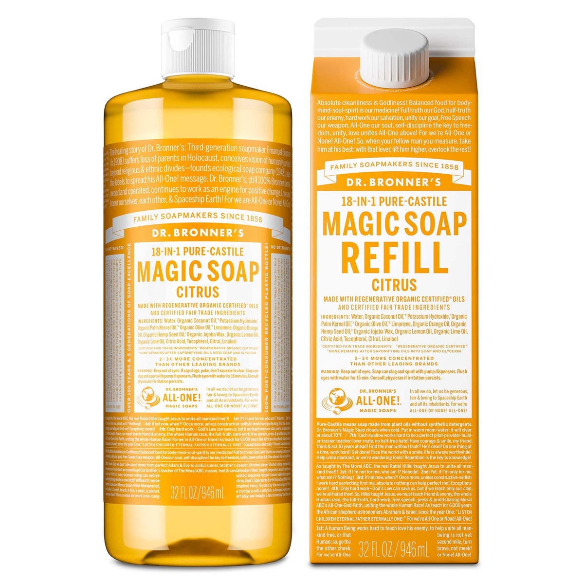 Dr. Bronner’s Pure-Castile Citrus Soap bottle with uplifting citrus aroma for refreshing cleansing.