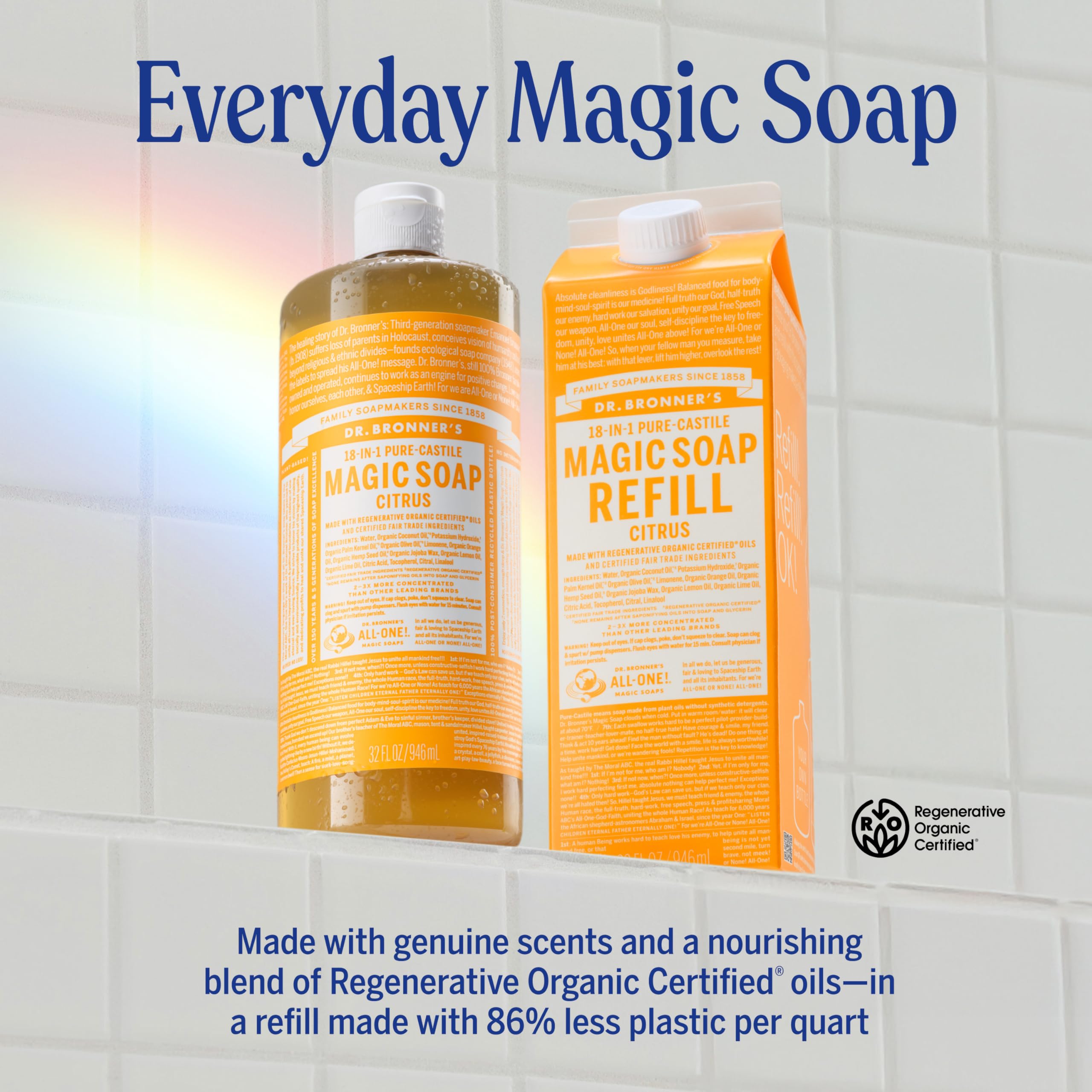 Dr. Bronner’s Citrus Soap used on face and hair for gentle cleansing.