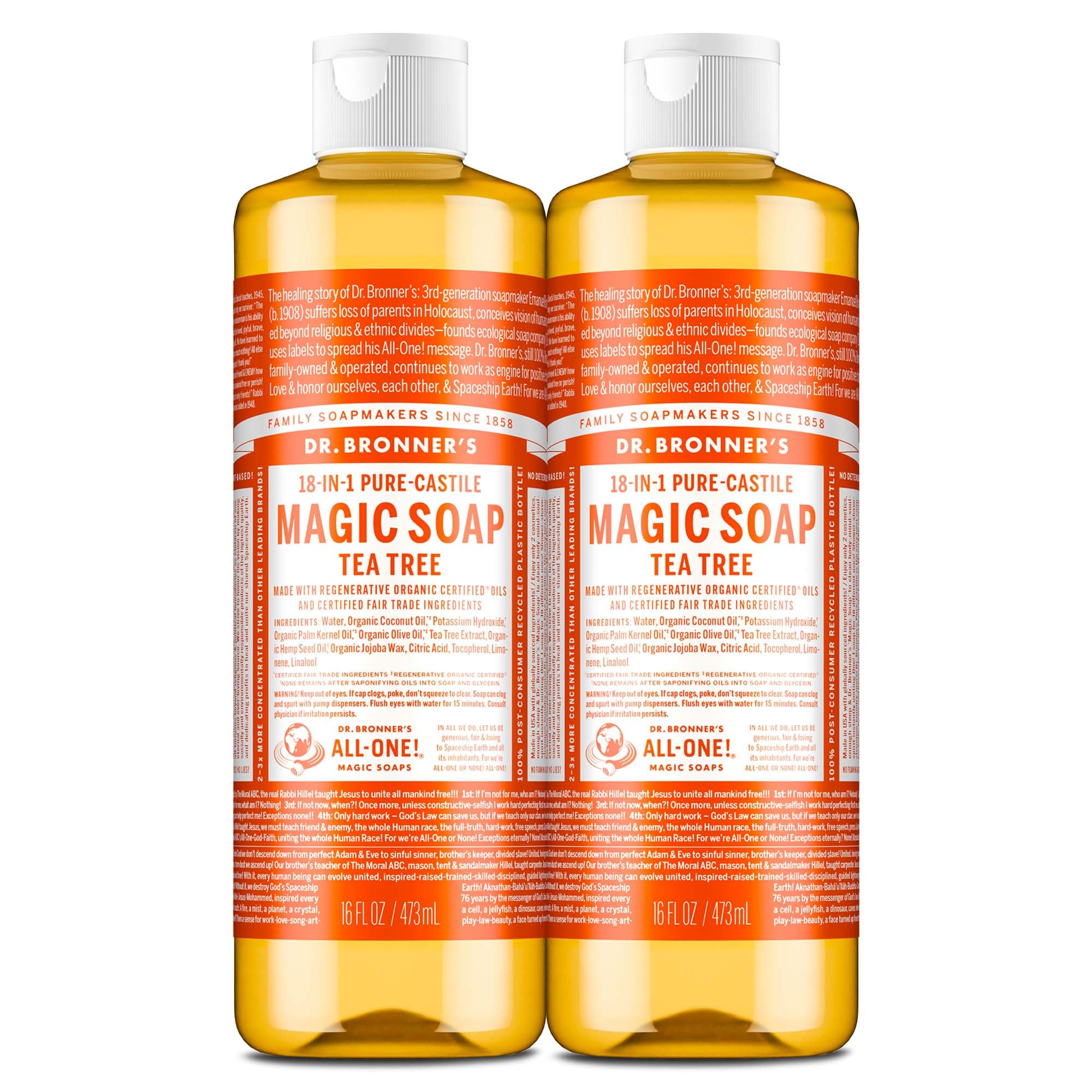 Dr. Bronner's Pure-Castile Tea Tree bottle shows rich lather for versatile cleansing