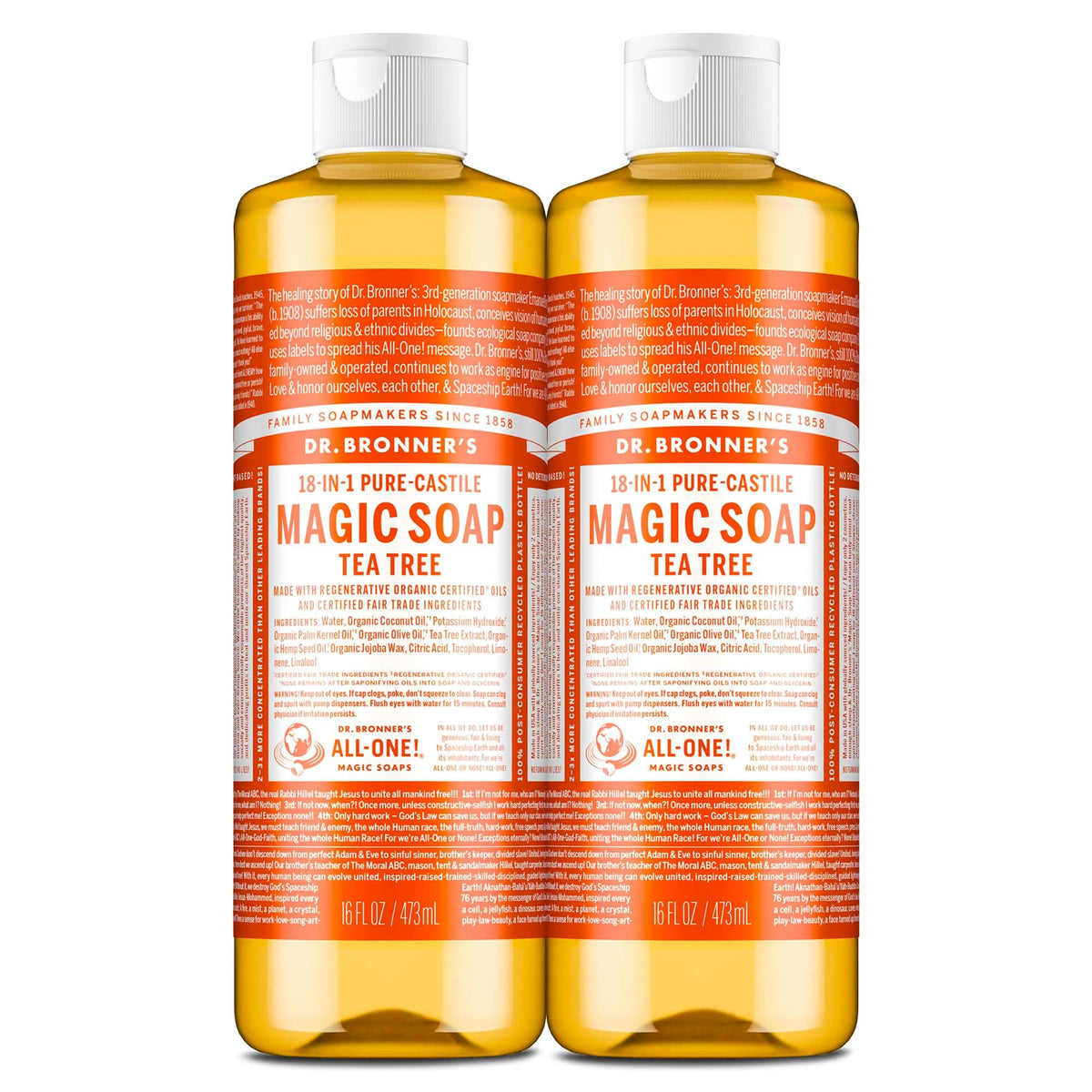 Dr. Bronner's Pure-Castile Tea Tree bottle shows rich lather for versatile cleansing