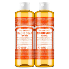 Dr. Bronner's Pure-Castile Tea Tree bottle shows rich lather for versatile cleansing