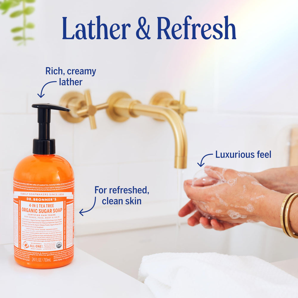Dr. Bronner's Recycled bottle packaging helps reduce waste and environmental impact.