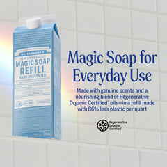 Dr. Bronner's refill carton label close-up highlighting regenerative organic oils
