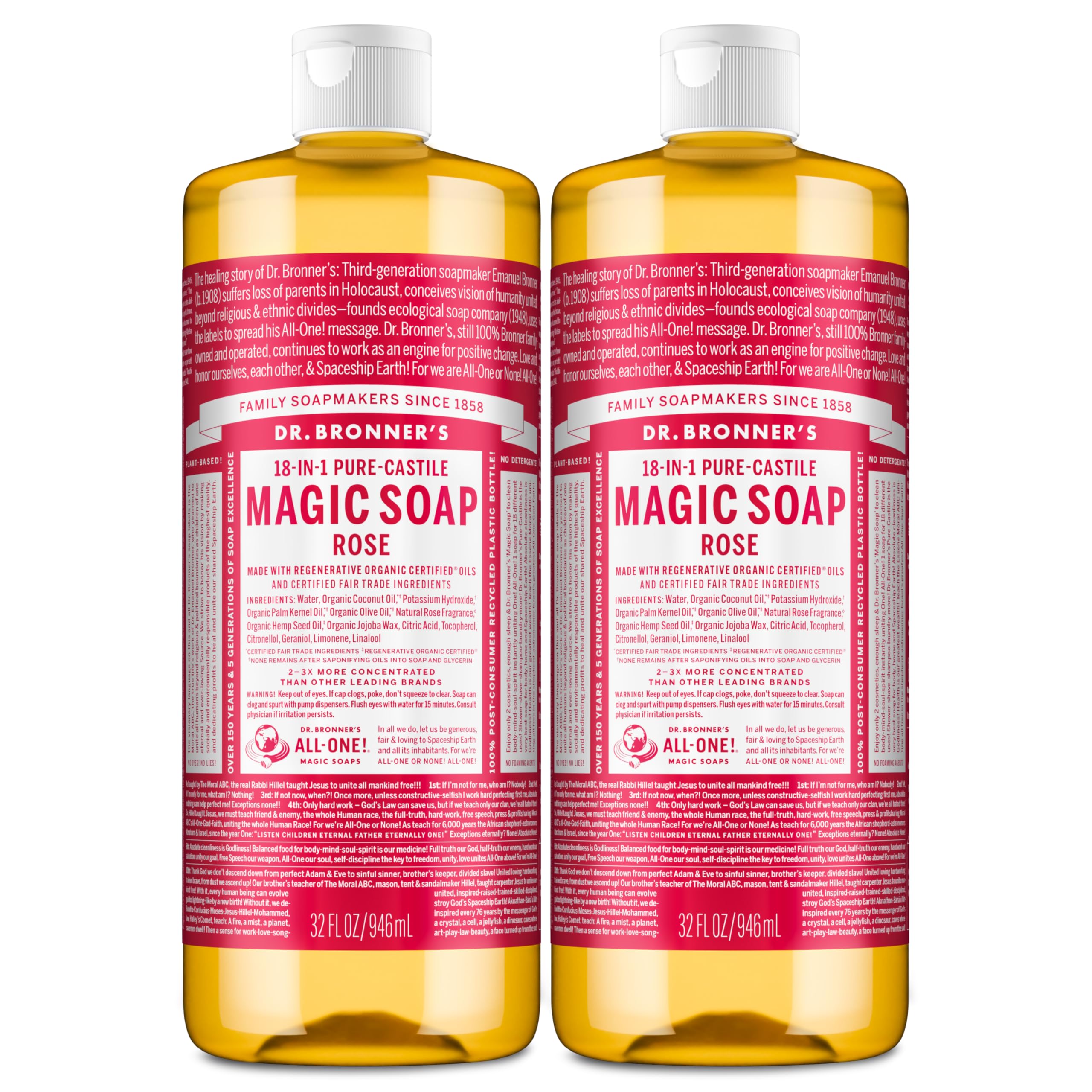 Dr. Bronner's Rose Castile bottle pouring demonstrates versatile use.