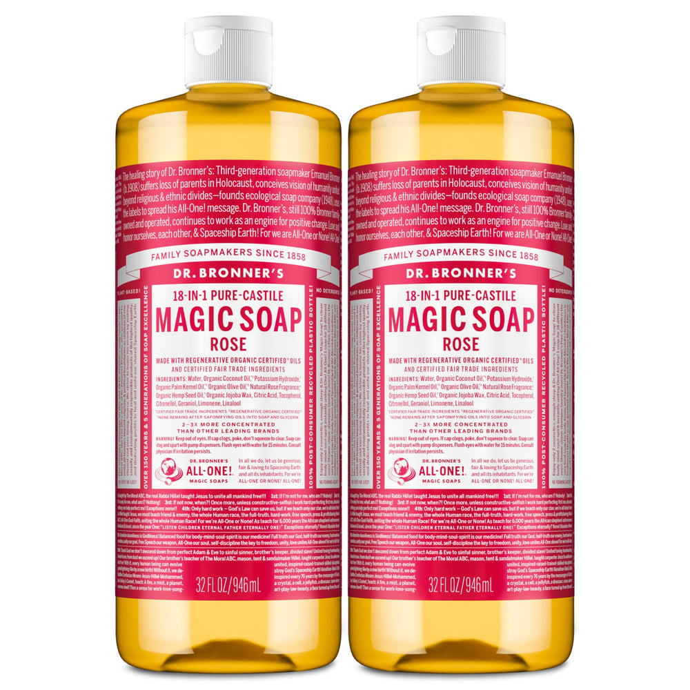 Dr. Bronner's Rose Castile bottle pouring demonstrates versatile use.
