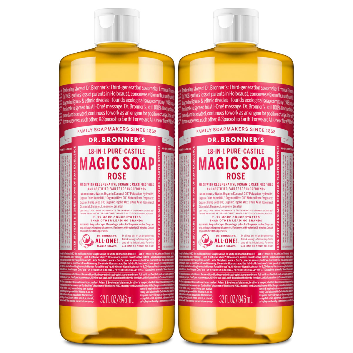 Dr. Bronner's Rose Castile bottle pouring demonstrates versatile use.