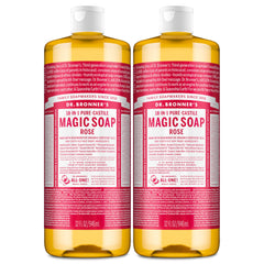 Dr. Bronner's Rose Castile bottle pouring demonstrates versatile use.