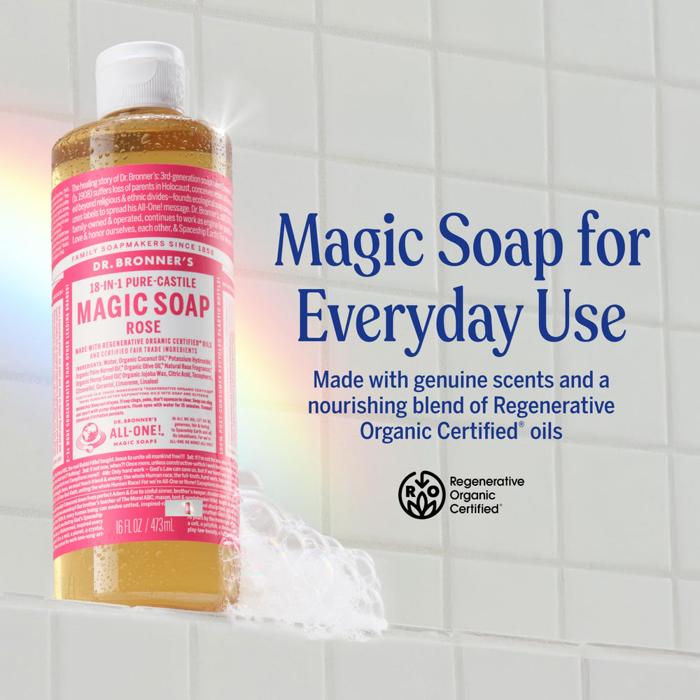 Dr. Bronner's Rose Castile lather creates rich cleansing foam.