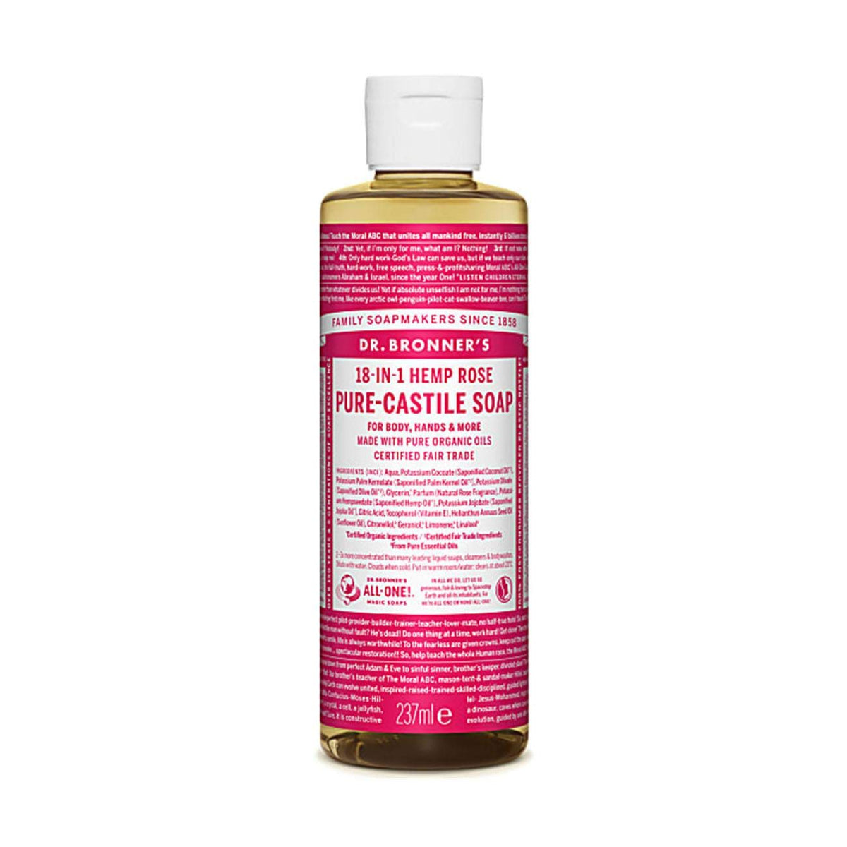 Dr Bronner's Rose Castile Liquid Soap bottle offers gentle cleansing and refreshing rose fragrance.