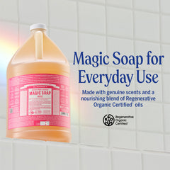 Dr. Bronner's Rose Castile Soap pour demonstrates concentrated formula for multiple dilutions.