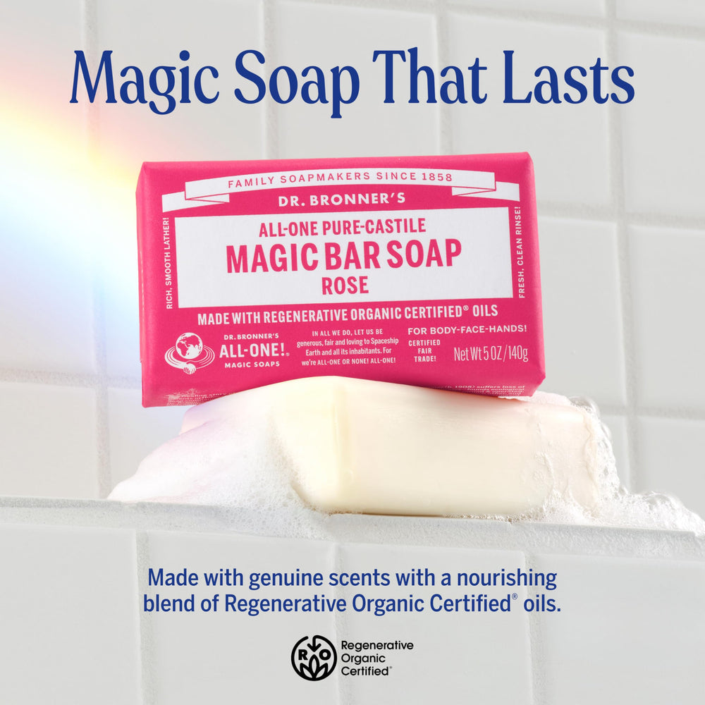 Dr. Bronner's Rose Pure-Castile soap bar lather close-up for a creamy cleansing experience.