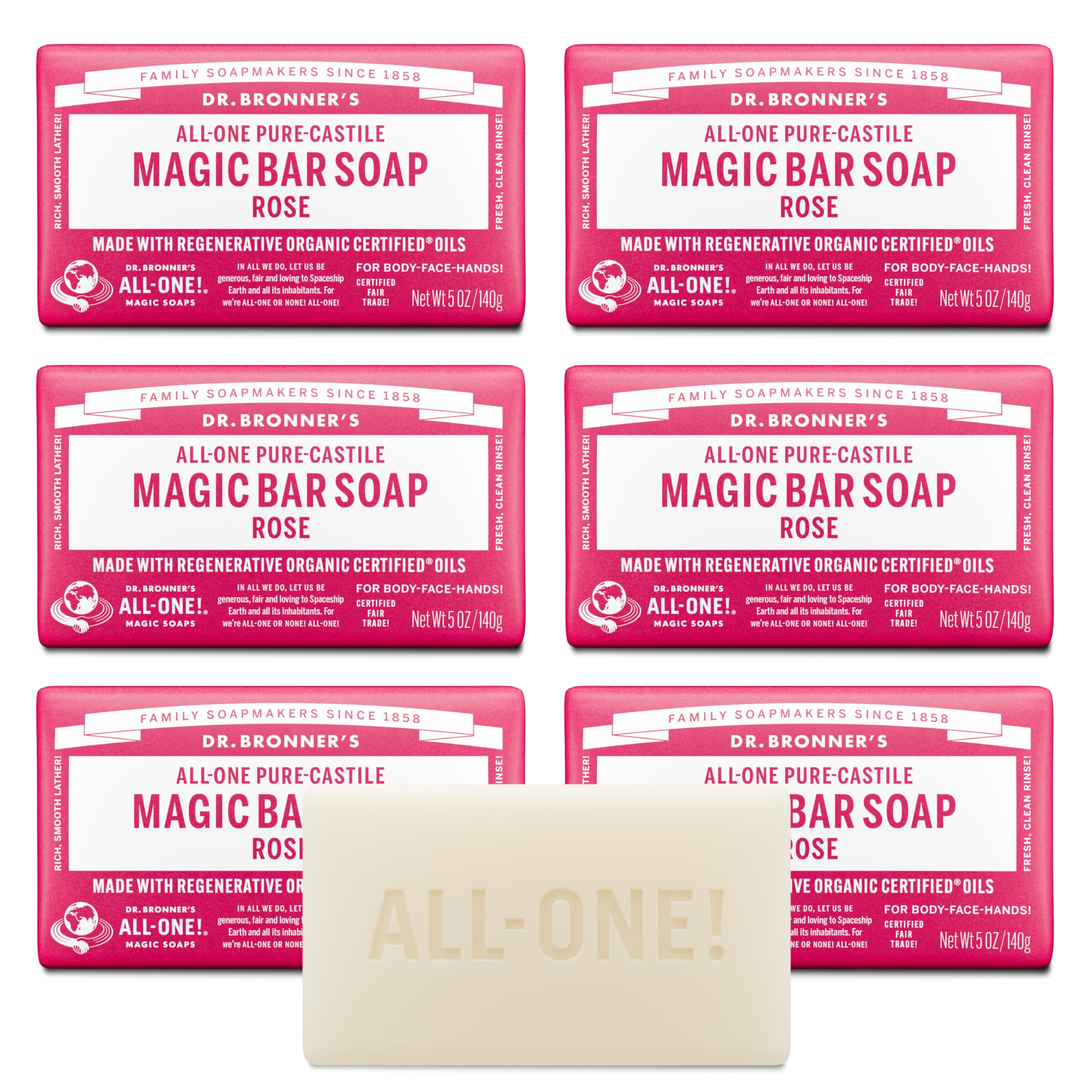 Dr. Bronner's Rose soap bar six-pack packaging emphasizes value and sustainability.