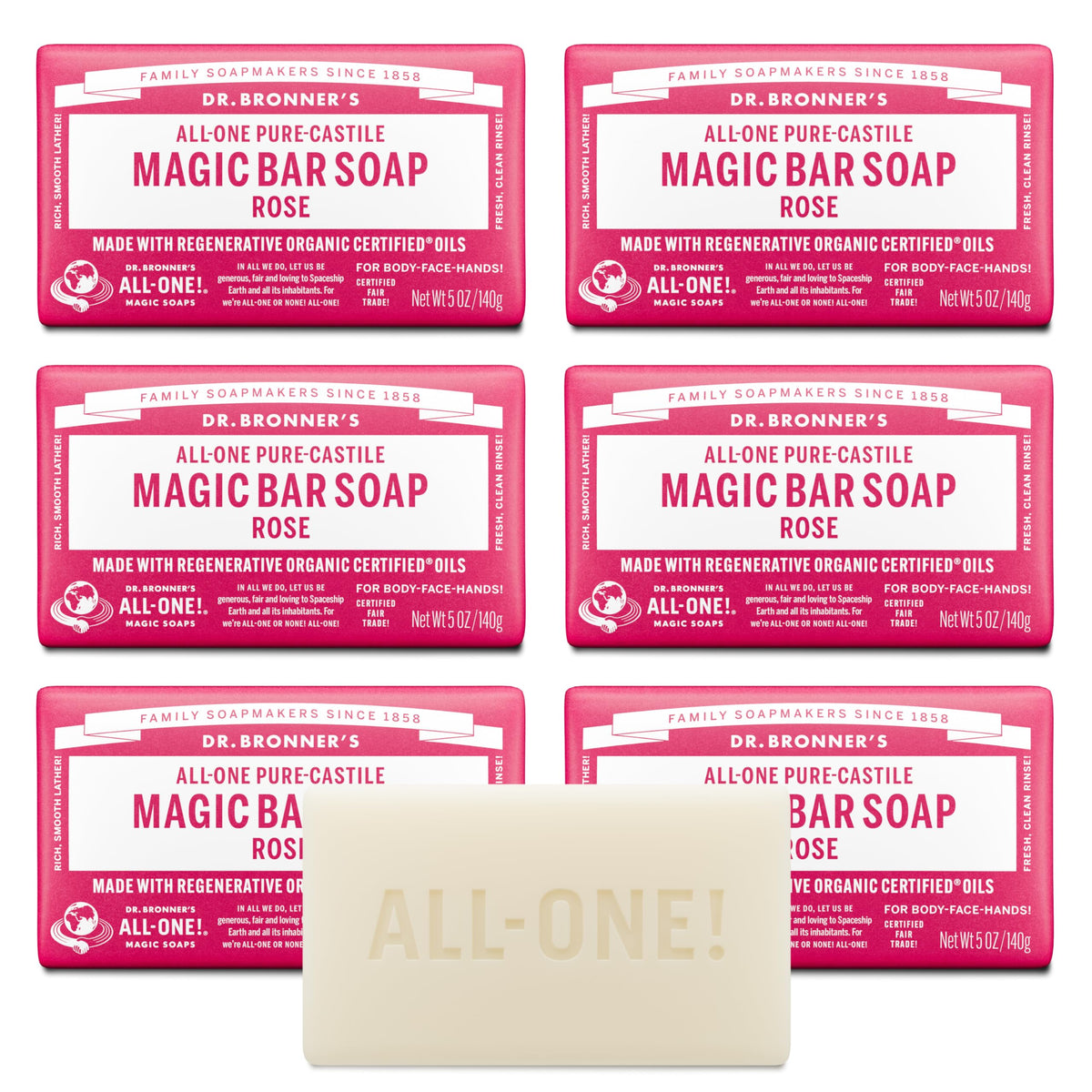 Dr. Bronner's Rose soap bar six-pack packaging emphasizes value and sustainability.