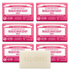 Dr. Bronner's Rose soap bar six-pack packaging emphasizes value and sustainability.