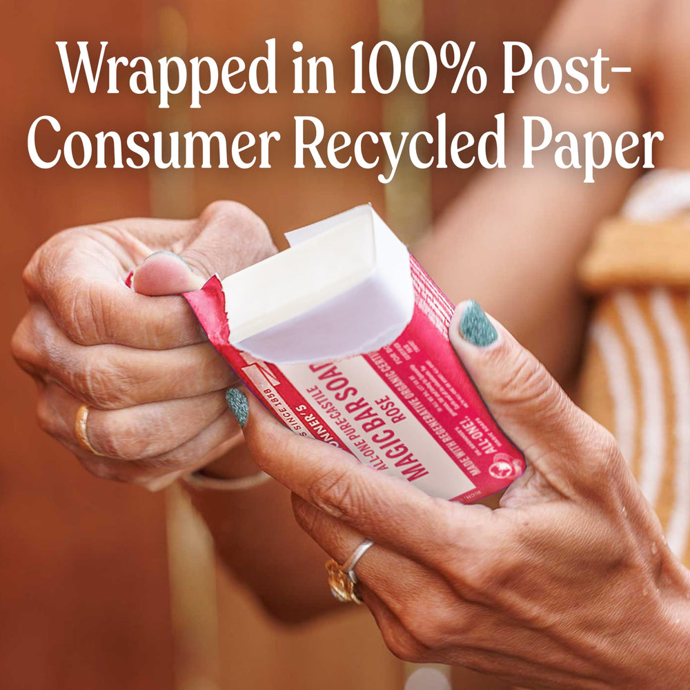 Dr. Bronner's Rose soap bar vegan formulation for sensitive skin routines.