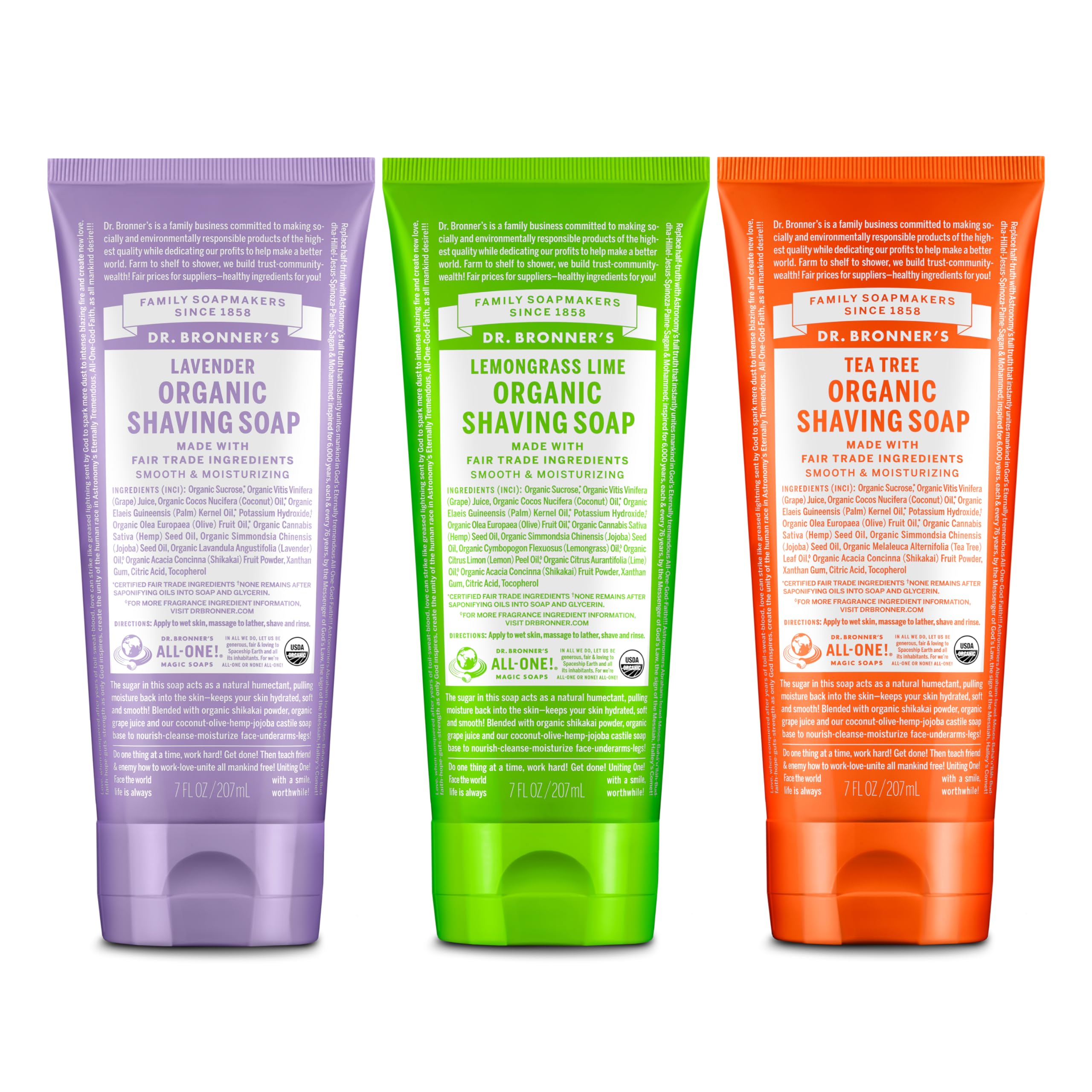 Dr. Bronner's Lavender shaving soap pack shot with creamy lather for smooth shave