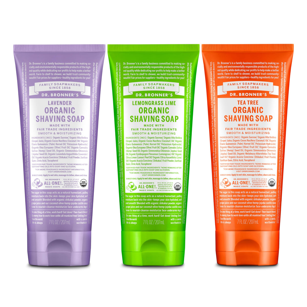 Dr. Bronner's Lavender shaving soap pack shot with creamy lather for smooth shave