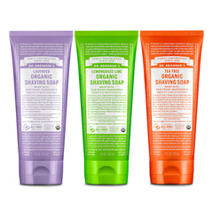 Dr. Bronner's Lavender shaving soap pack shot with creamy lather for smooth shave