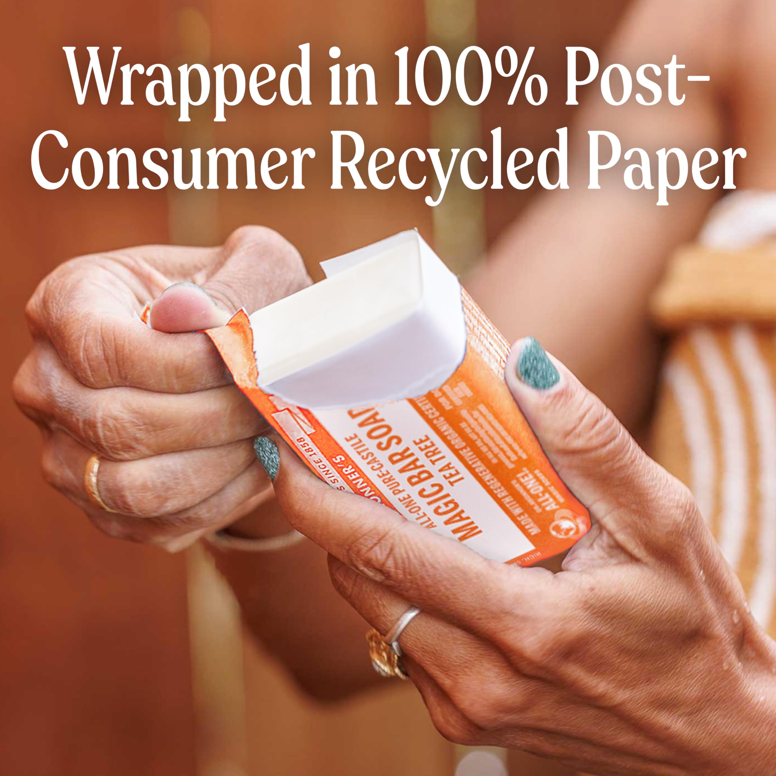 Dr. Bronner's Tea Tree Bar soap used for body wash and hair cleansing.