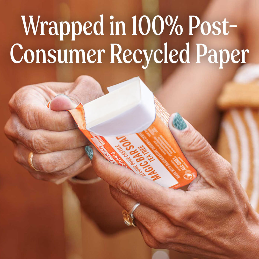 Dr. Bronner's Tea Tree Bar soap used for body wash and hair cleansing.