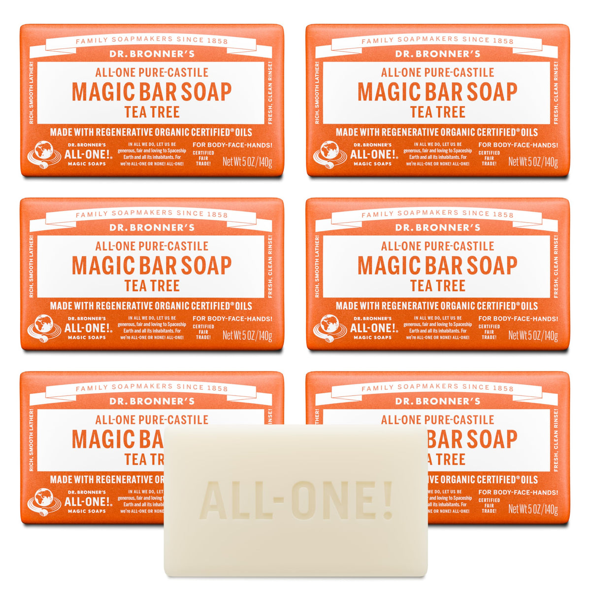 Dr. Bronner's Tea Tree Magic Bar Soap lather close-up for refreshing cleansing.