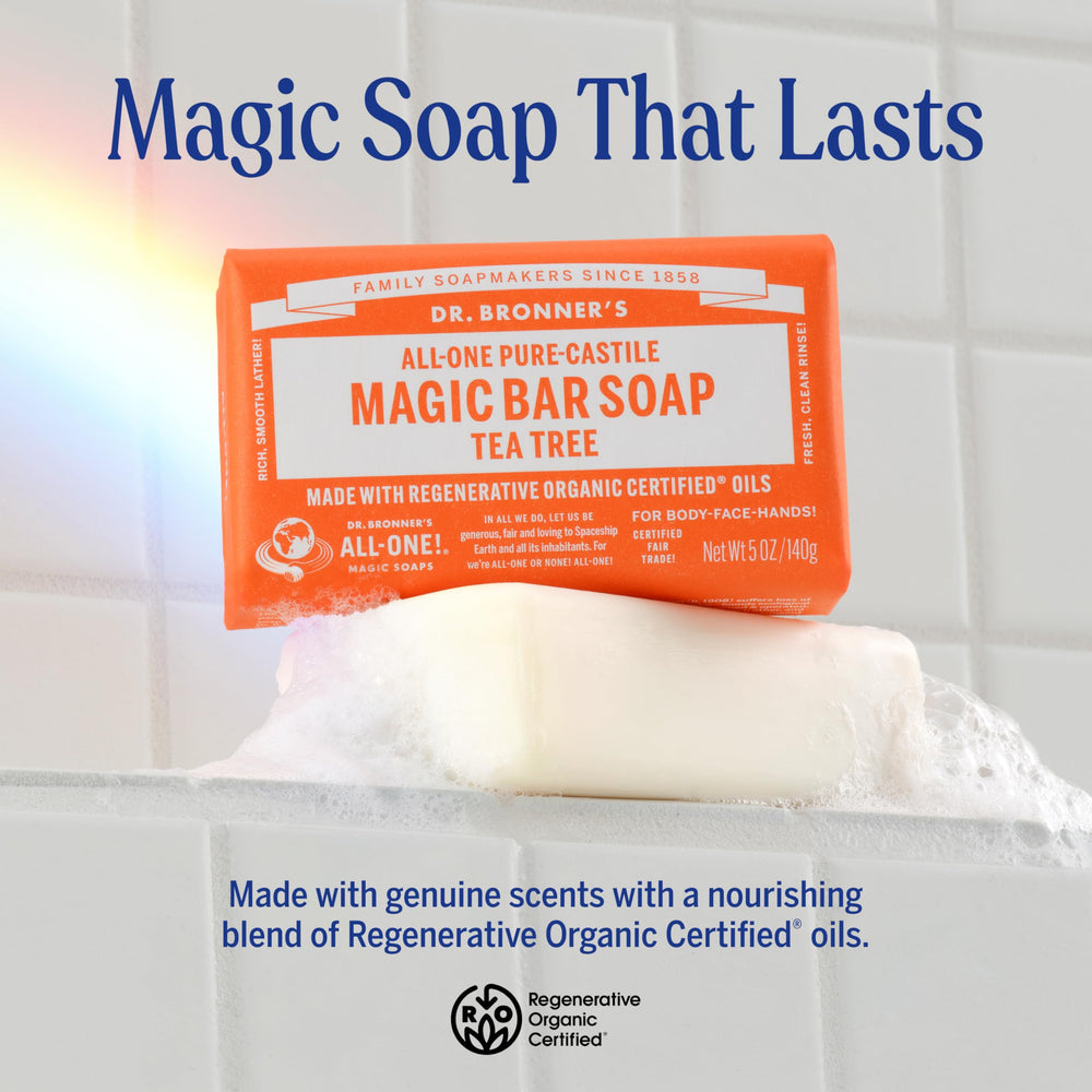 Dr. Bronner's Pure-Castile Magic Bar stacked, versatile wash for face, body, and hair.