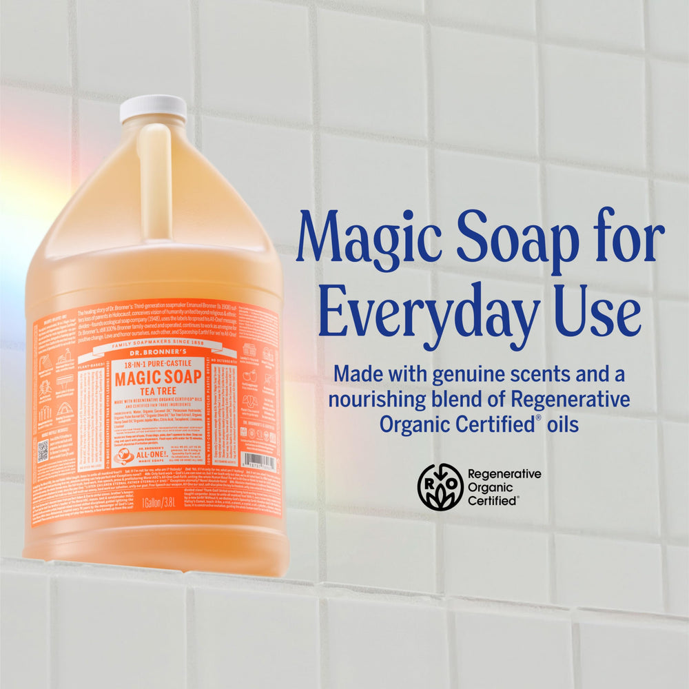 Dr. Bronner's Tea Tree Castile Soap bottle-dilution demonstrates economical use through dilution