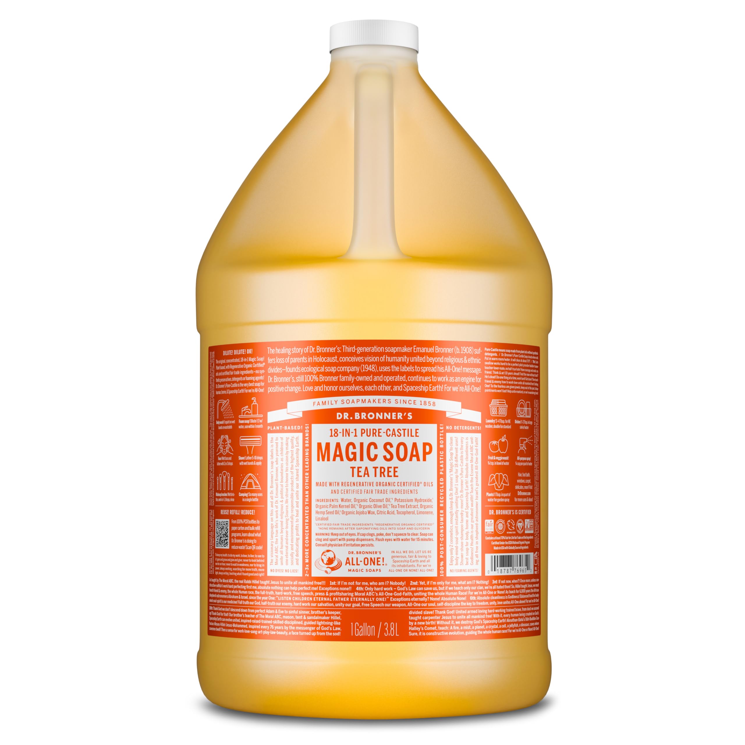 Dr. Bronner's Tea Tree Castile Soap pour shows rich lather for versatile cleaning tasks
