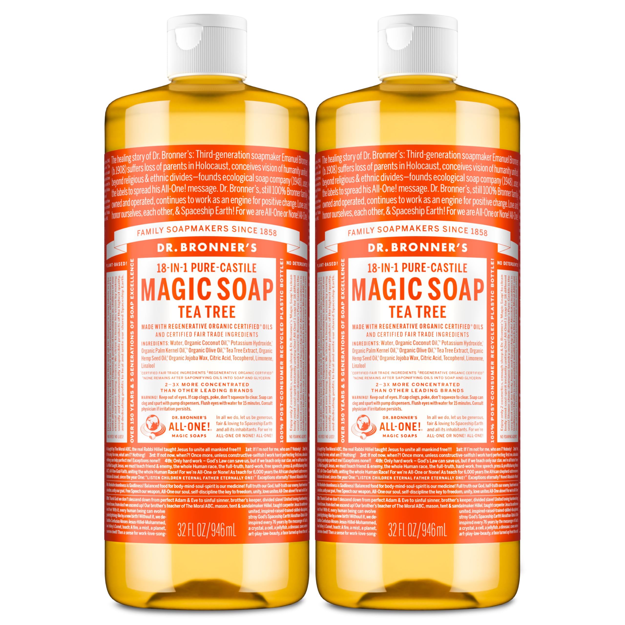 Dr. Bronner’s Tea Tree Pure-Castile liquid bottle for versatile cleanses and skin-friendly lather.