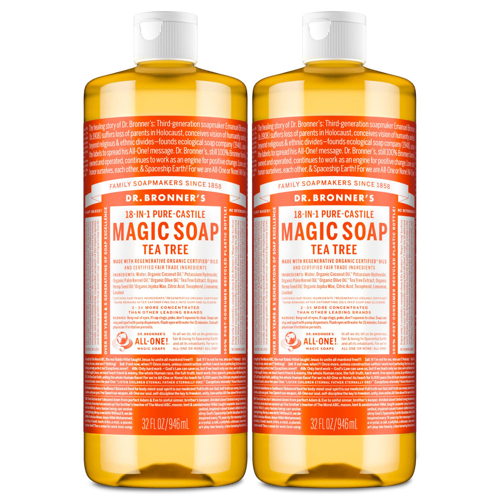 Dr. Bronner’s Tea Tree Pure-Castile liquid bottle for versatile cleanses and skin-friendly lather.