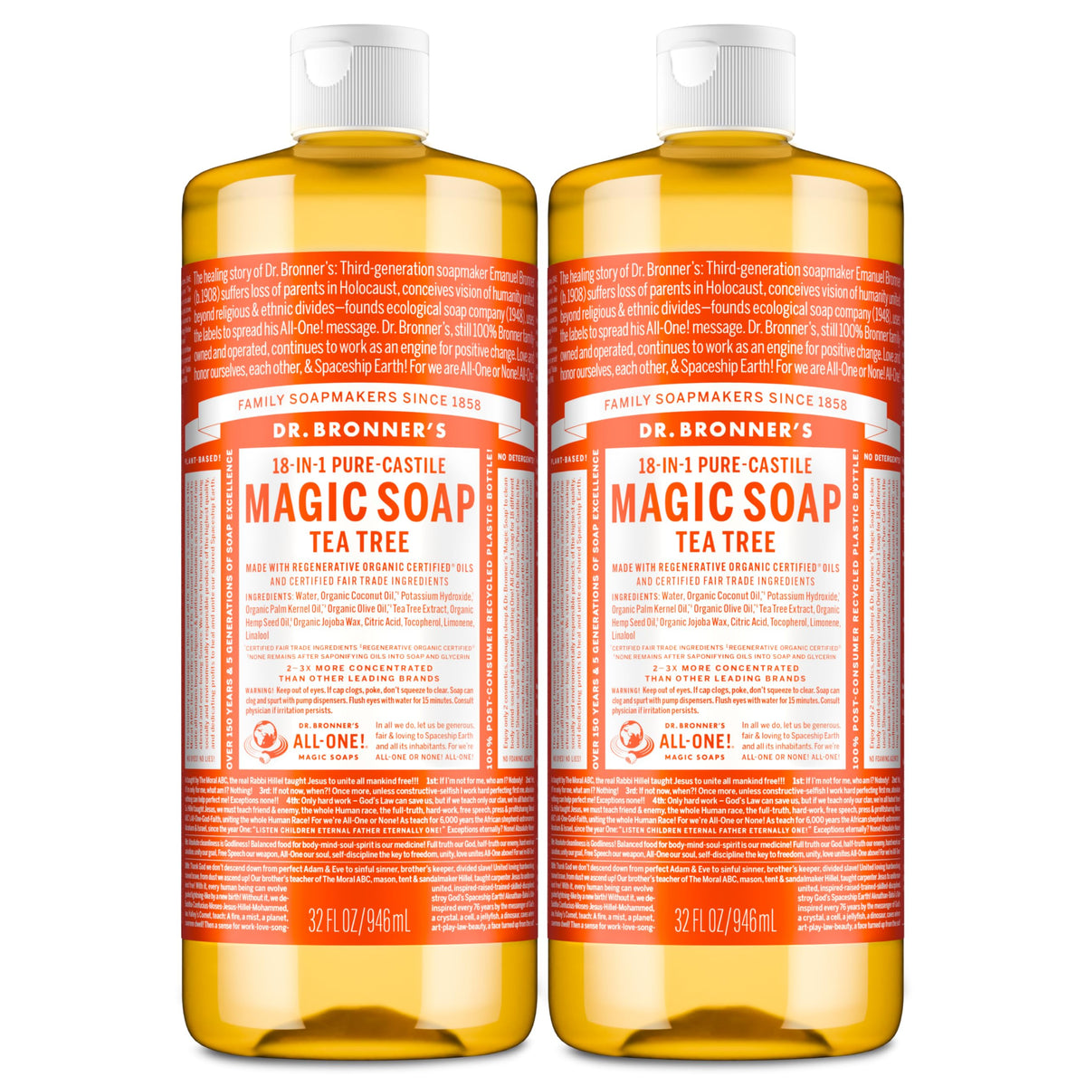 Dr. Bronner’s Tea Tree Pure-Castile liquid bottle for versatile cleanses and skin-friendly lather.