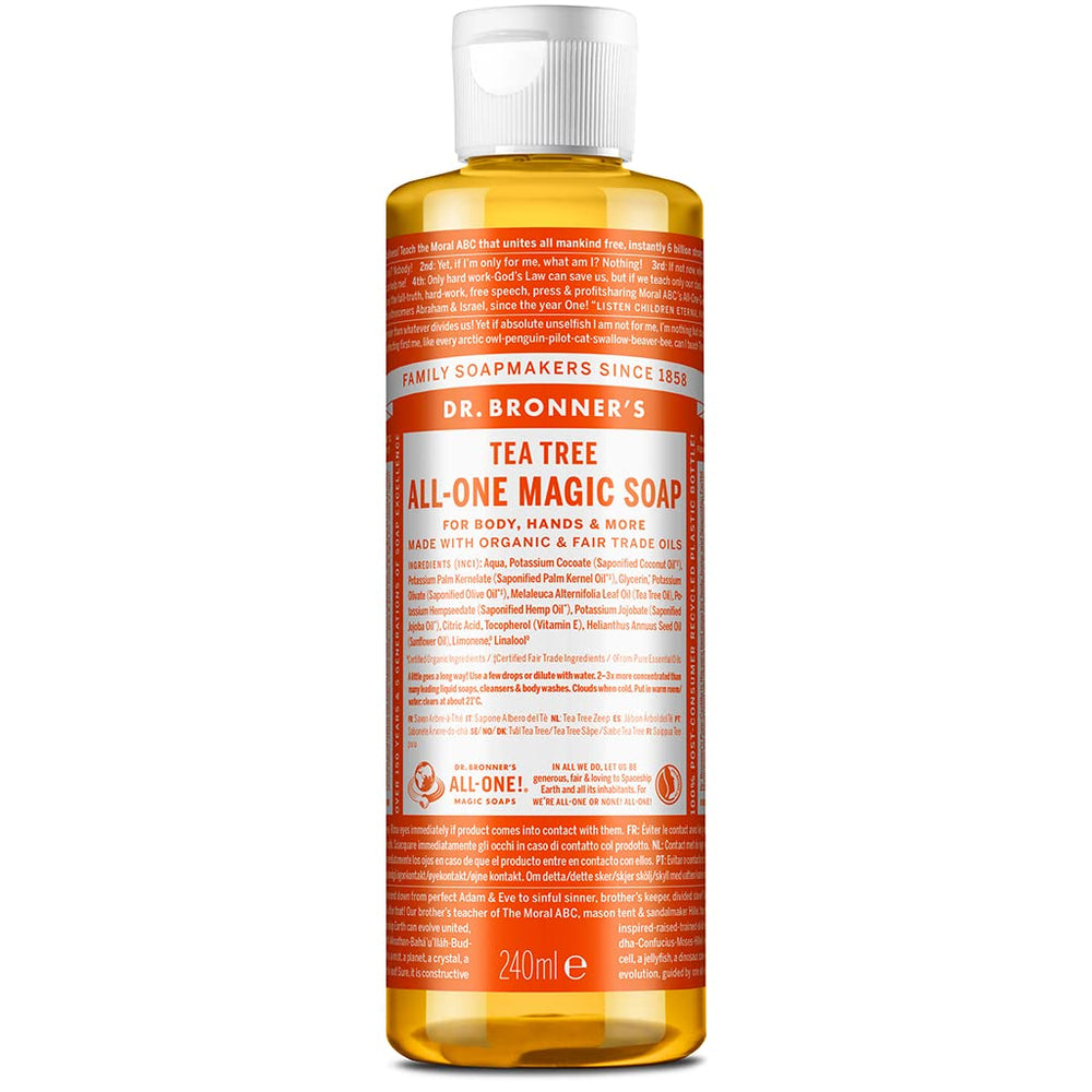 Dr. Bronner's Tea Tree Pure-Castile Soap bottle; versatile cleaner and skin-care uses