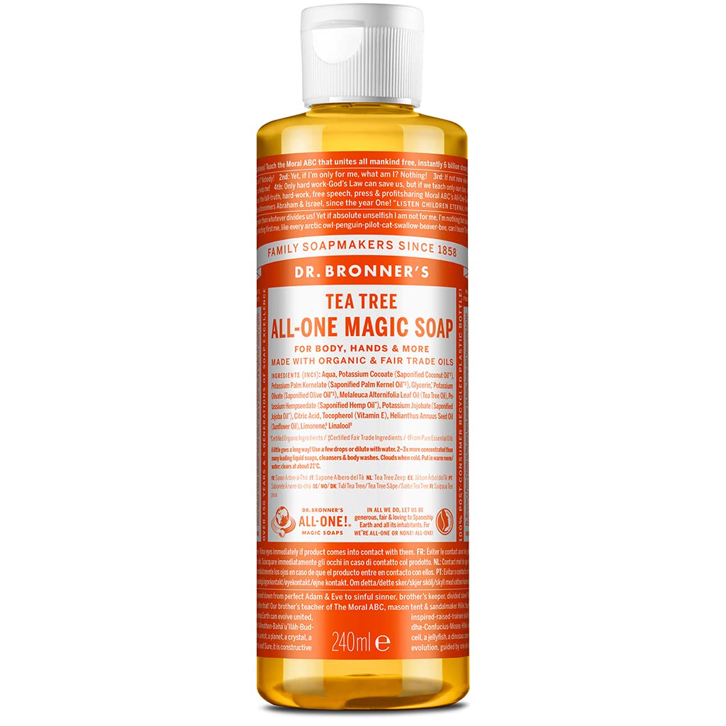 Dr. Bronner's Tea Tree Pure-Castile Soap bottle; versatile cleaner and skin-care uses