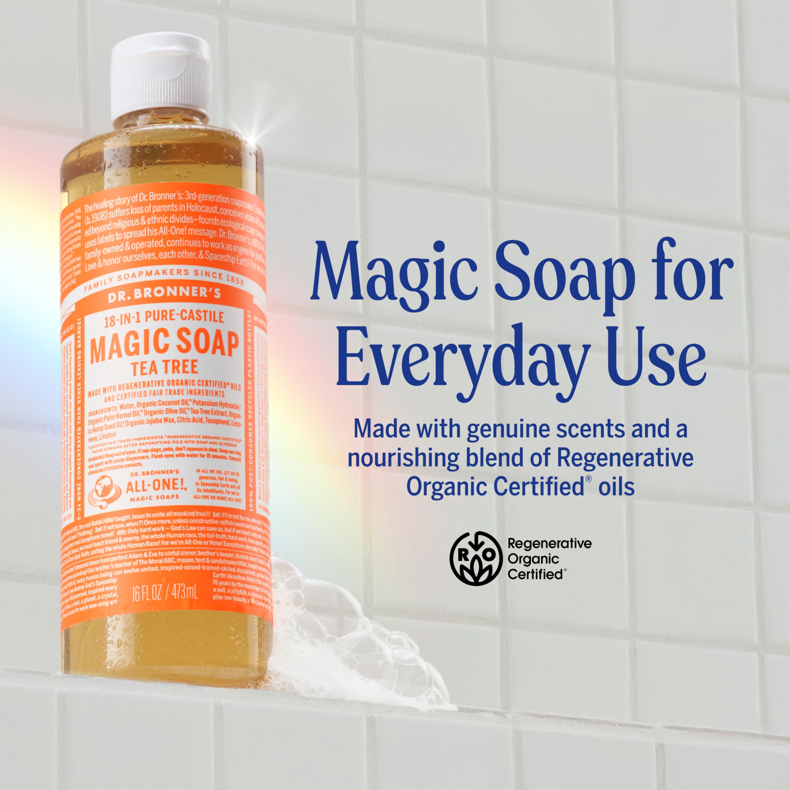 Lush rich-lather foam from Dr. Bronner’s Tea Tree soap ideal for body and hair cleansing.