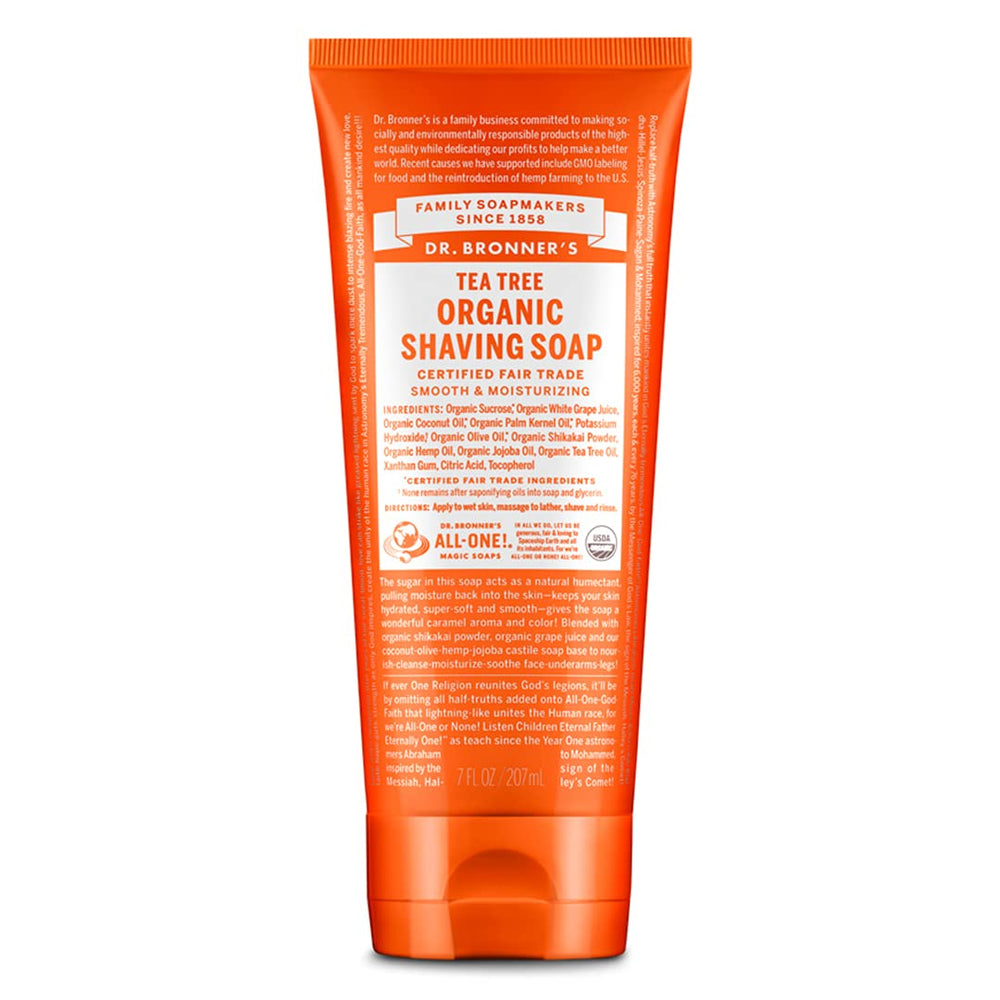 Dr. Bronner's Tea Tree Shaving Soap bottle pour shows moisturizing lather for a comfortable shave